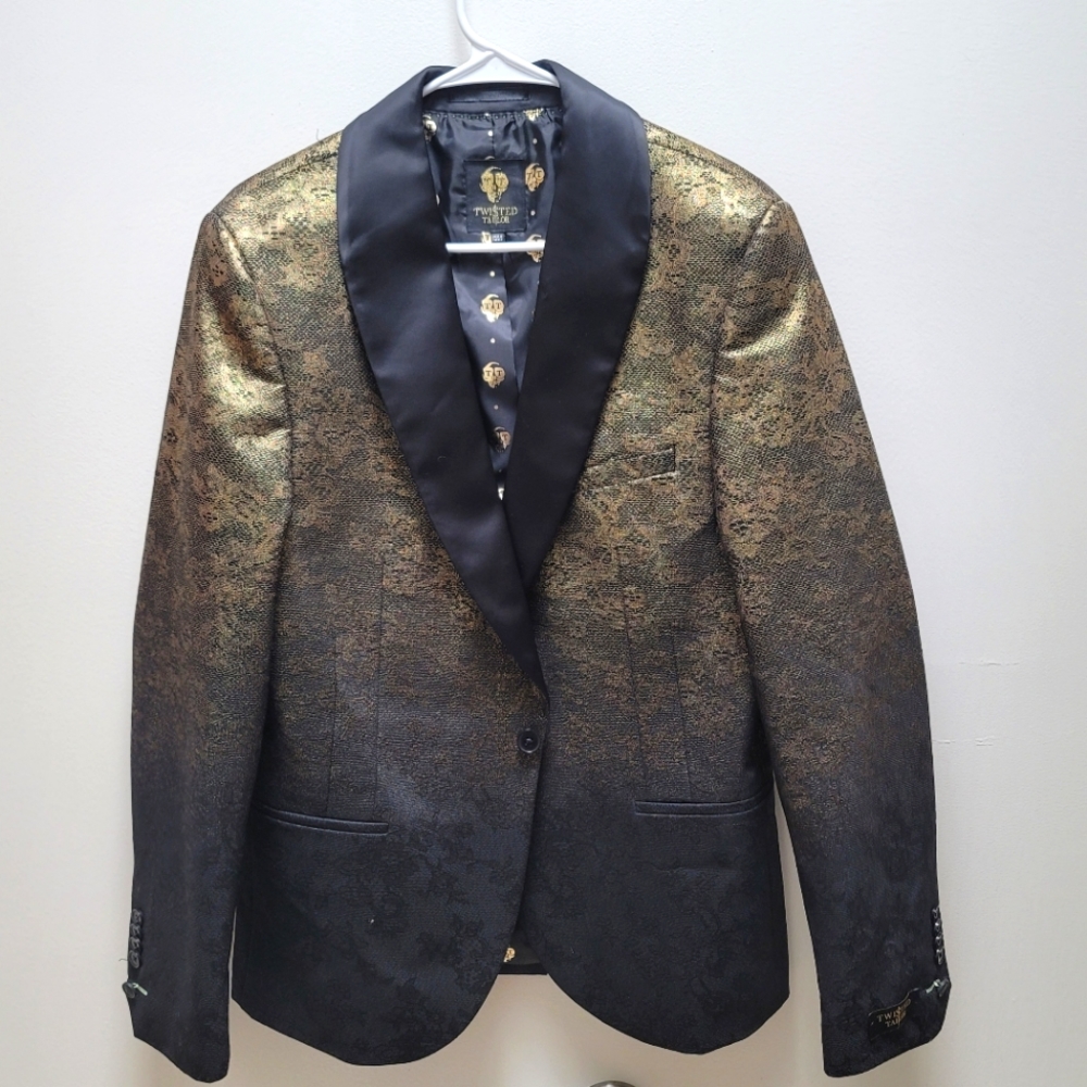 Twisted Tailor Skinny Fit Tuxedo Jacket with Gold & Black Damask Pattern, sz 44R